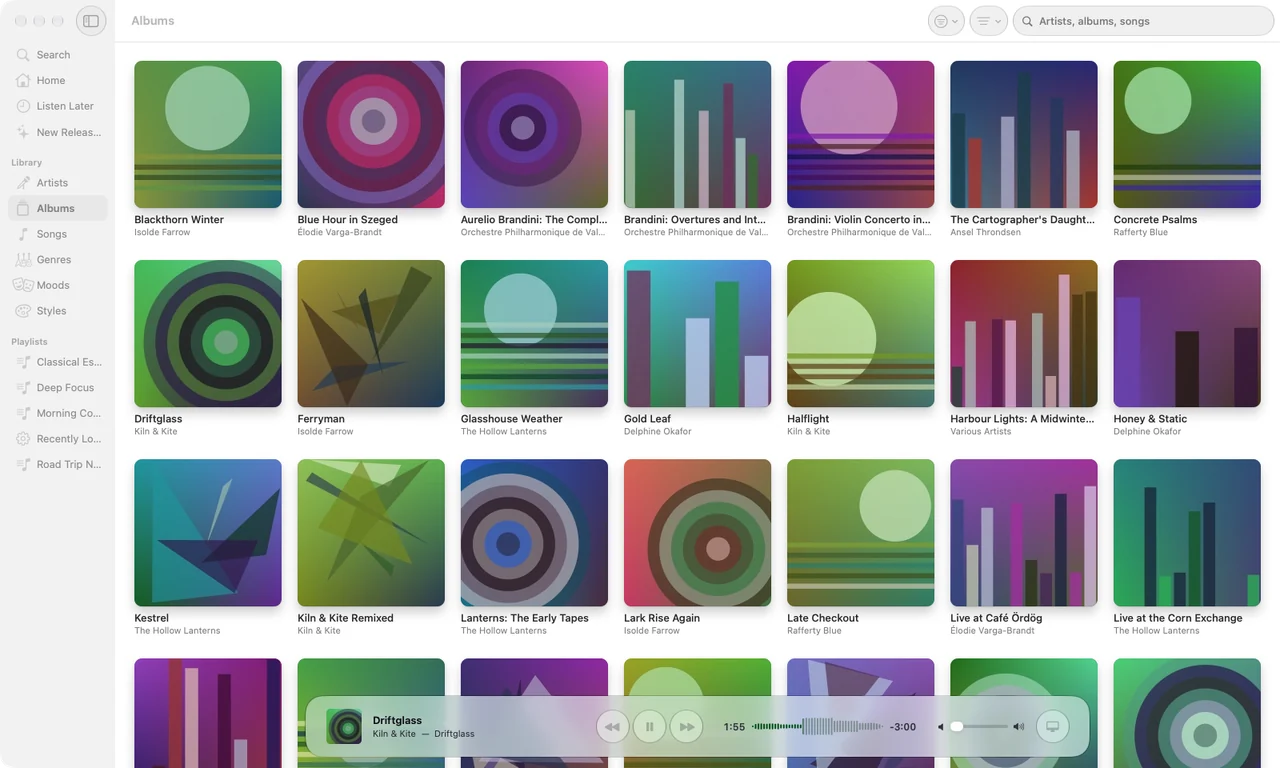 The Albums view in Synthesis: a grid of album covers with titles and artists, the sidebar, and the player bar playing “Driftglass” by Kiln & Kite